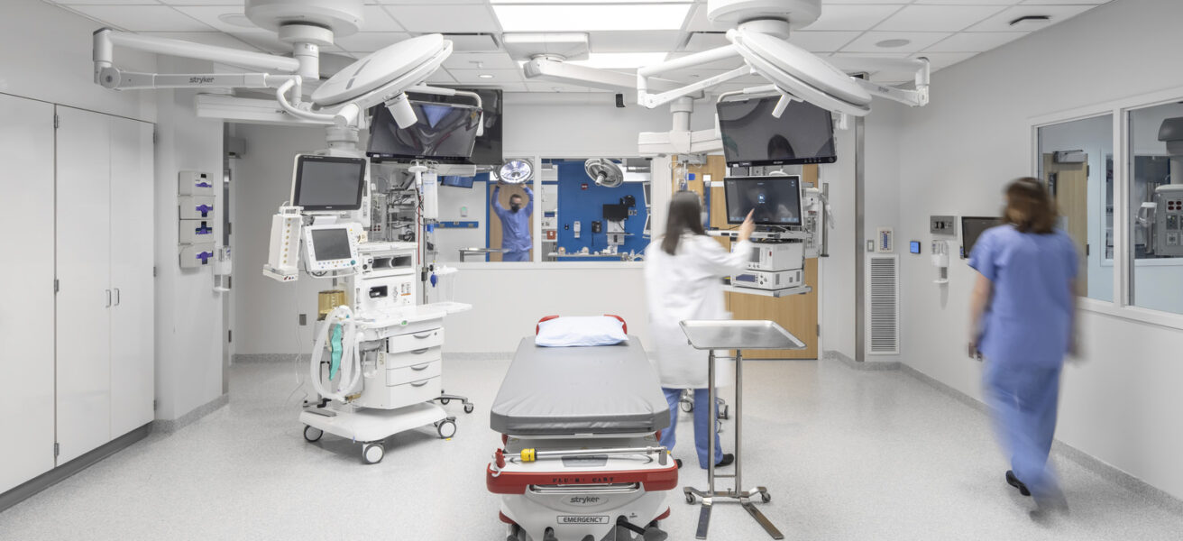 A head-on view of the simulation operating room in the Mayo Clinic simulation center.