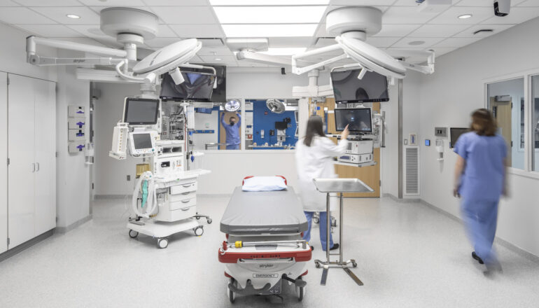A head-on view of the simulation operating room in the Mayo Clinic simulation center.