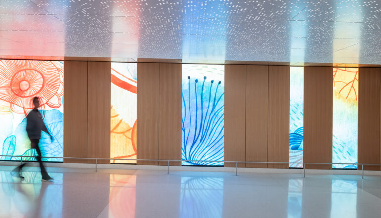 A person uses one of the Mayo Clinic subway pedestrian ramps. The ramp has a slight elevation and is framed by changing video boards with artistic graphics of nature