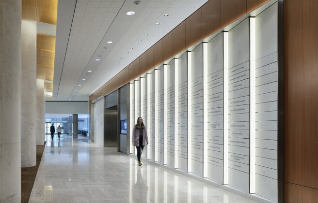 People walking in the Mathews Grand Lobby.