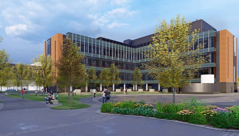 An exterior rendering of the overall scale of the new Science Hall.