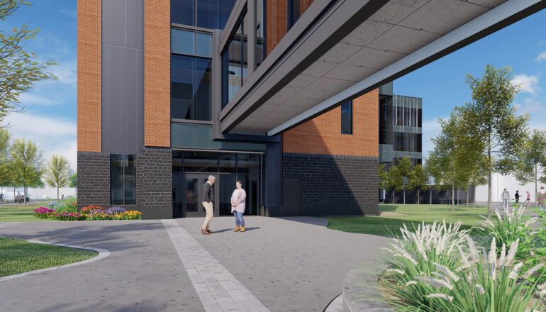A rendering of the exterior south entry, near a connector's access point to a nearby campus hall.
