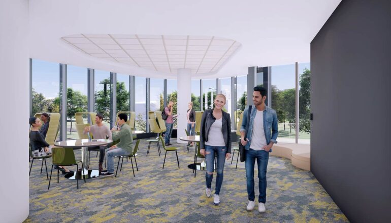 A rendering of a student space with open study areas and access to natural daylight.