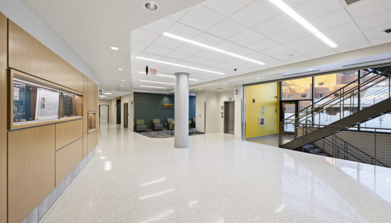 A typical Sugihara Hall corridor and staircase.