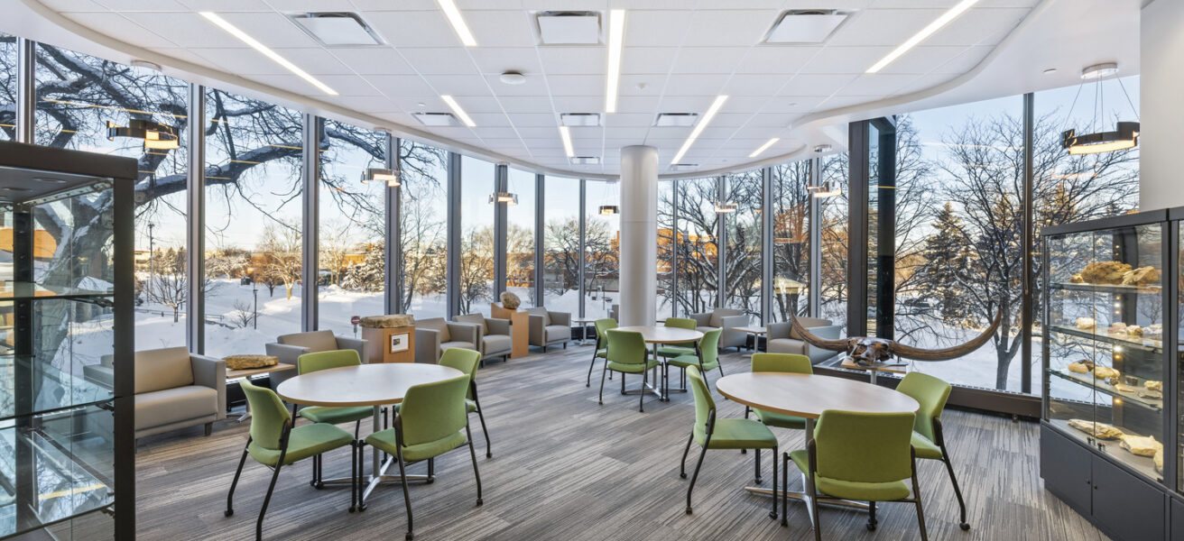 A student study lounge with movable chairs and tables.