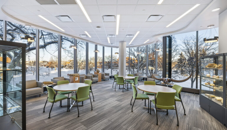 A student study lounge with movable chairs and tables.