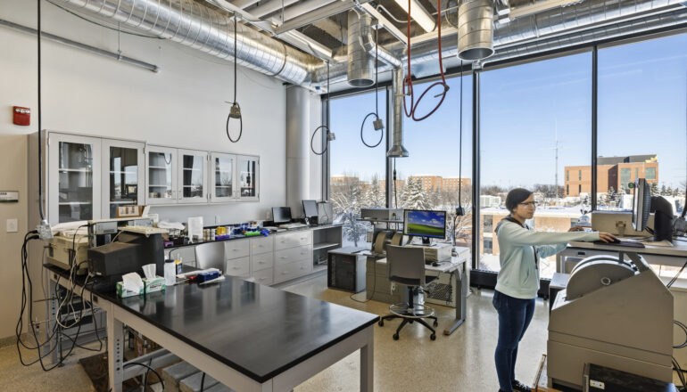 A student works in one of Sugihara Hall's labs.