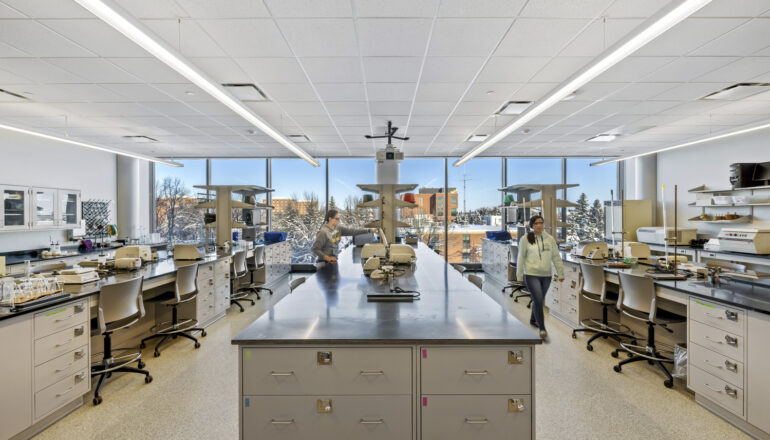 Students work in one of Sugihara Hall's labs.