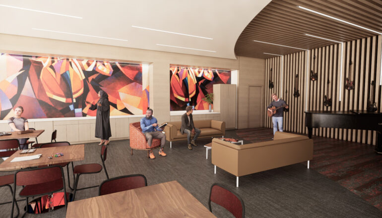 A rendering of people in the art and music therapy room in the Ochsner Neuroscience Center.