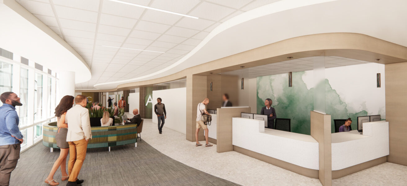 A rendering of people waiting at the Ochsner Neuroscience Center check-in desk.