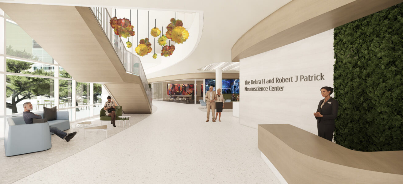 A rendering of people walking through the Ochsner Neuroscience Center main entry and atrium.