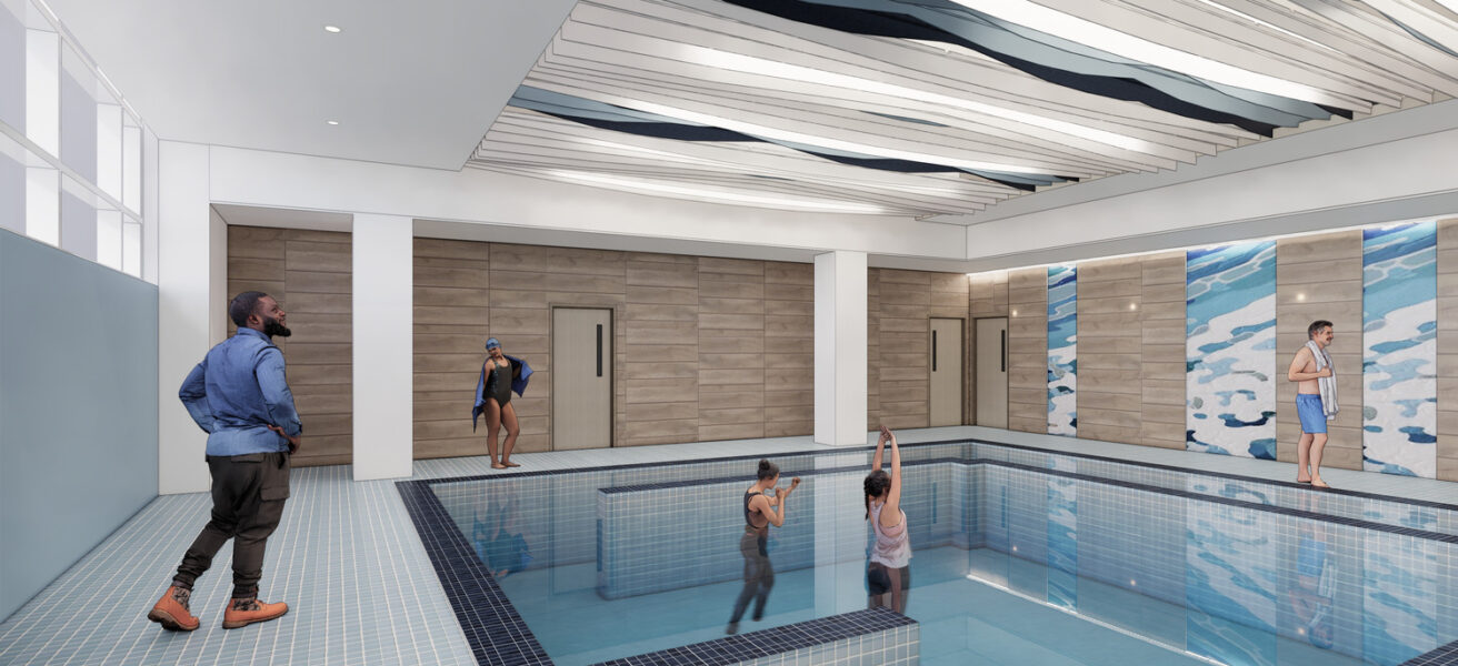 A rendering of people in the therapy pool in the new Ochsner Neuroscience Center.