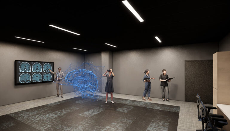 A rendering of staff using virtual reality tools in the new Ochsner Neuroscience Center.