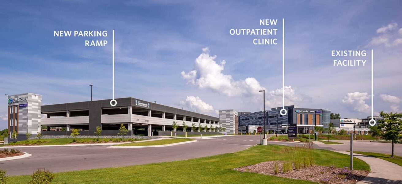 Labeled overall campus view of the parking ramp, clinic, and existing Burnsville facility.