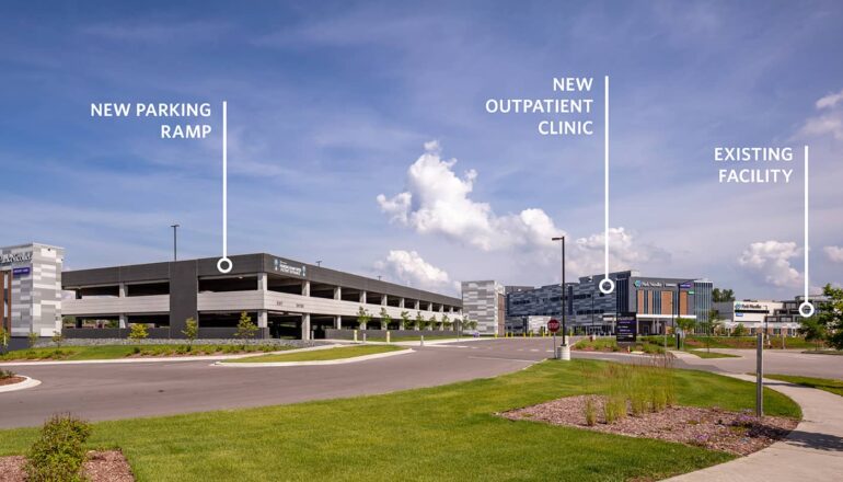 Labeled overall campus view of the parking ramp, clinic, and existing Burnsville facility.