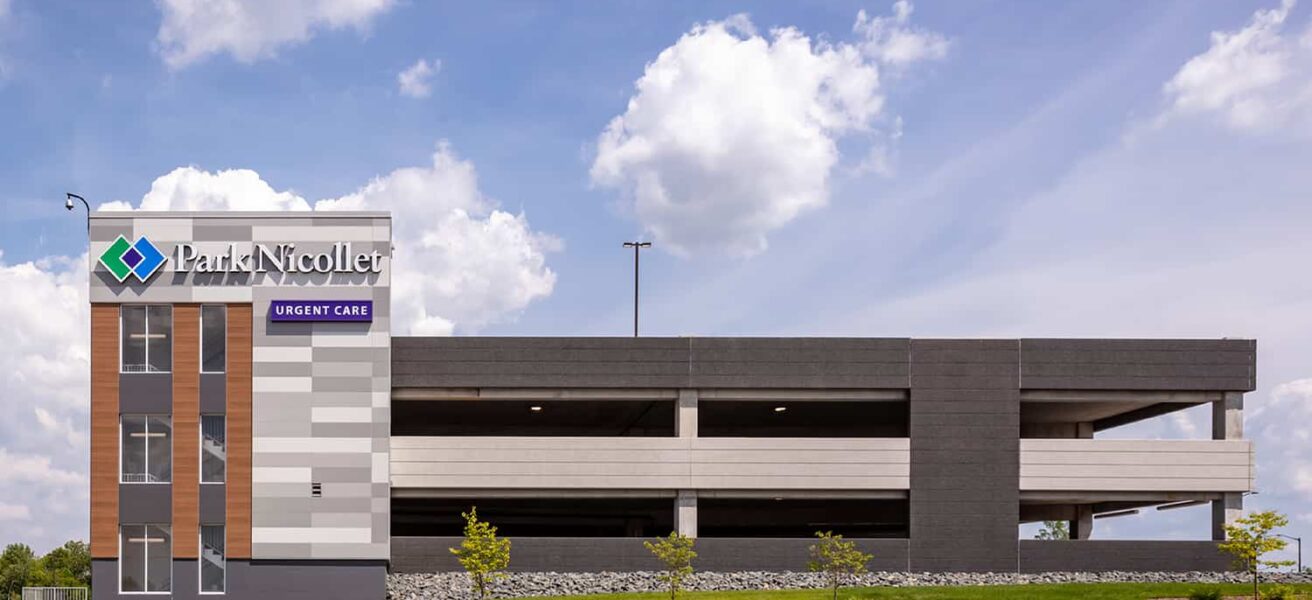 Elevated view of the Park Nicollet Burnsville parking ramp.