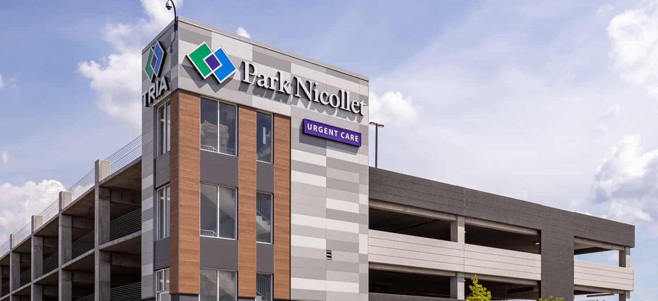 Elevated view of the Park Nicollet Burnsville parking ramp.