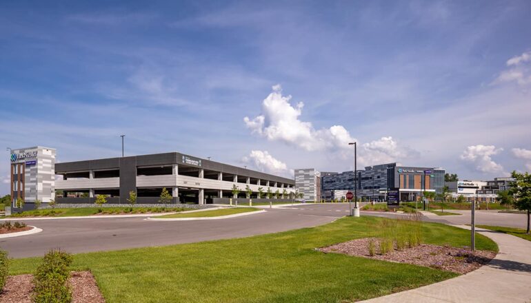 View of the overall campus layout, including new parking ramp and ambulatory surgery center.