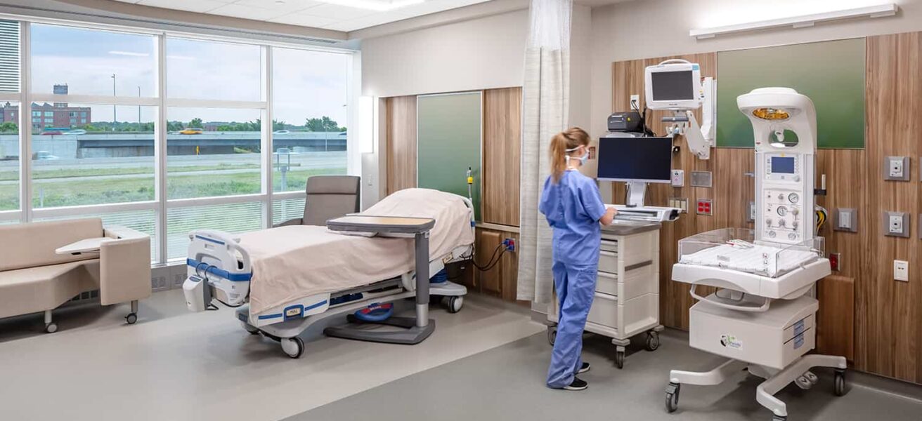 A couplet care room with beds for mother and baby to stay close in NICU situations.