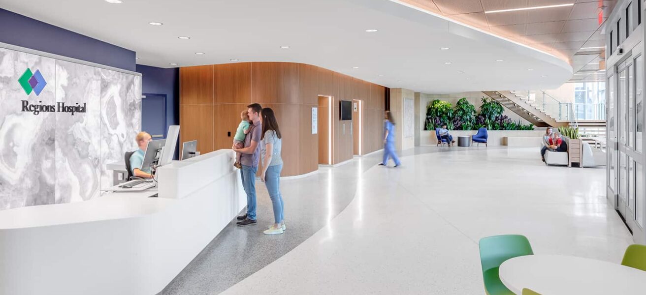 View from the main reception desk to the main circulation corridor.