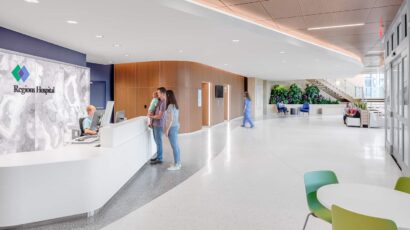 View from the main reception desk to the main circulation corridor.