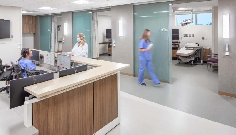 View from the nurse station into the MAC patient rooms.