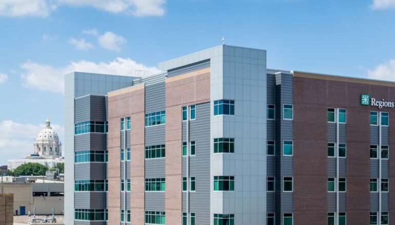 Overall exterior view of the Regions Inpatient Mental Health tower.