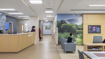 The main lobby of the Regions Inpatient Mental Health Center third floor features a nurse station, game tables, and a large TV