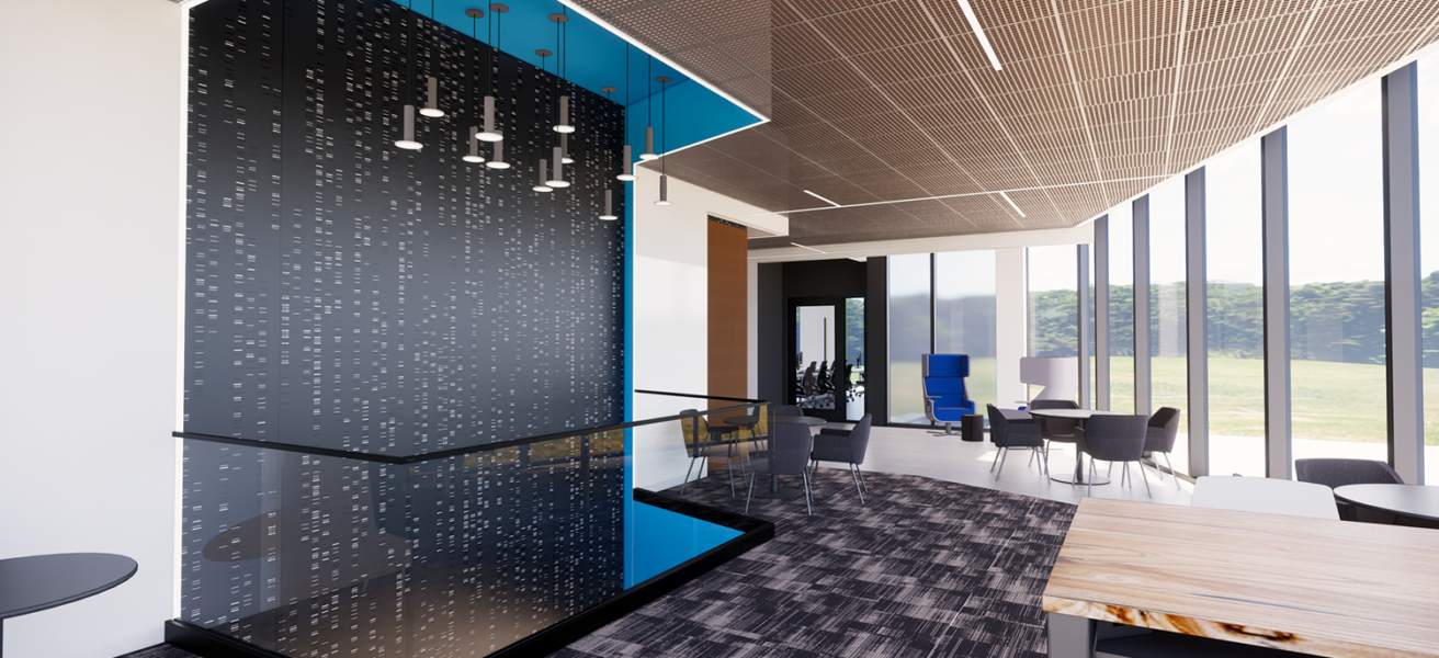 An interior rendering of a second level touchdown space in the SCC STEM Center. Expansive windows show views to campus and a feature wall connects to the first floor