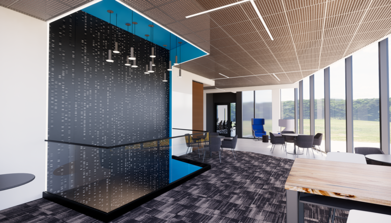 An interior rendering of a second level touchdown space in the SCC STEM Center. Expansive windows show views to campus and a feature wall connects to the first floor