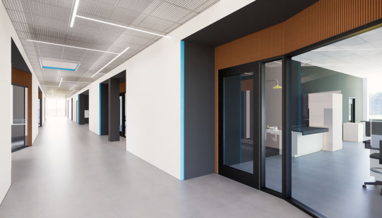 An interior rendering of an SCC STEM corridor with floor to ceiling windows into labs spaces