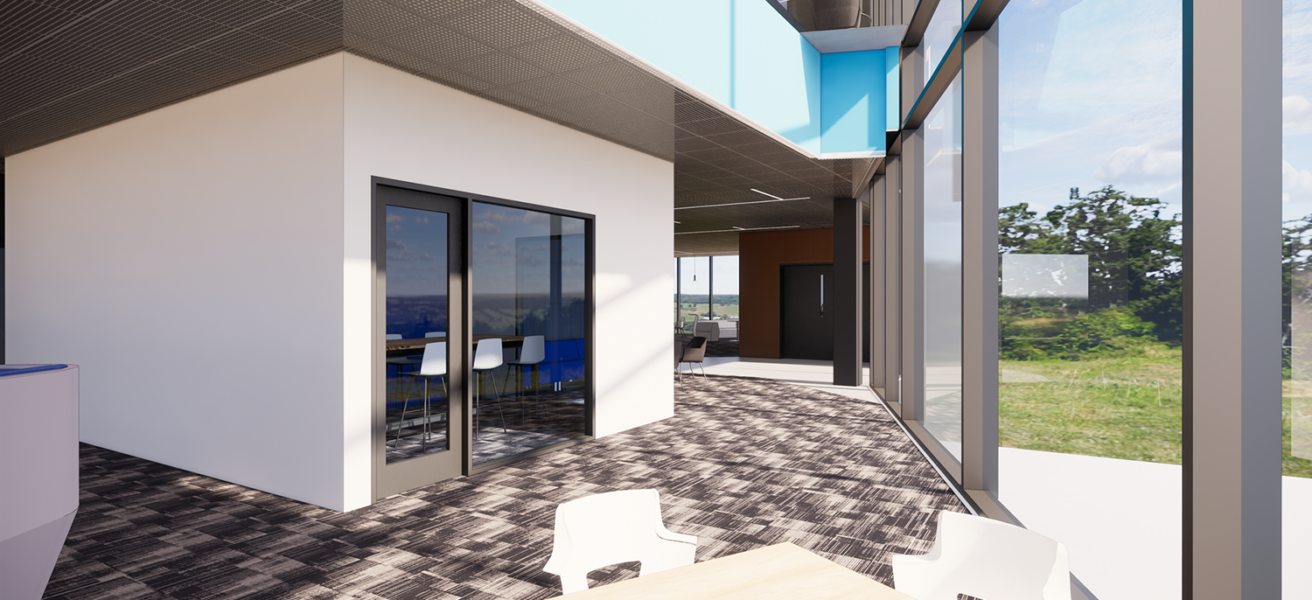 An interior rendering of a double-height atrium for SCC STEM students and faculty to gather and interact