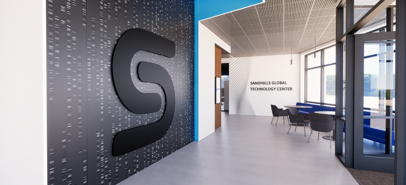 An interior rendering showing the first level entry of the SCC STEM Center, with a prominent SCC logo on a graphic wall and blue design accents