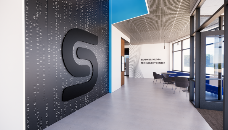 An interior rendering showing the first level entry of the SCC STEM Center, with a prominent SCC logo on a graphic wall and blue design accents
