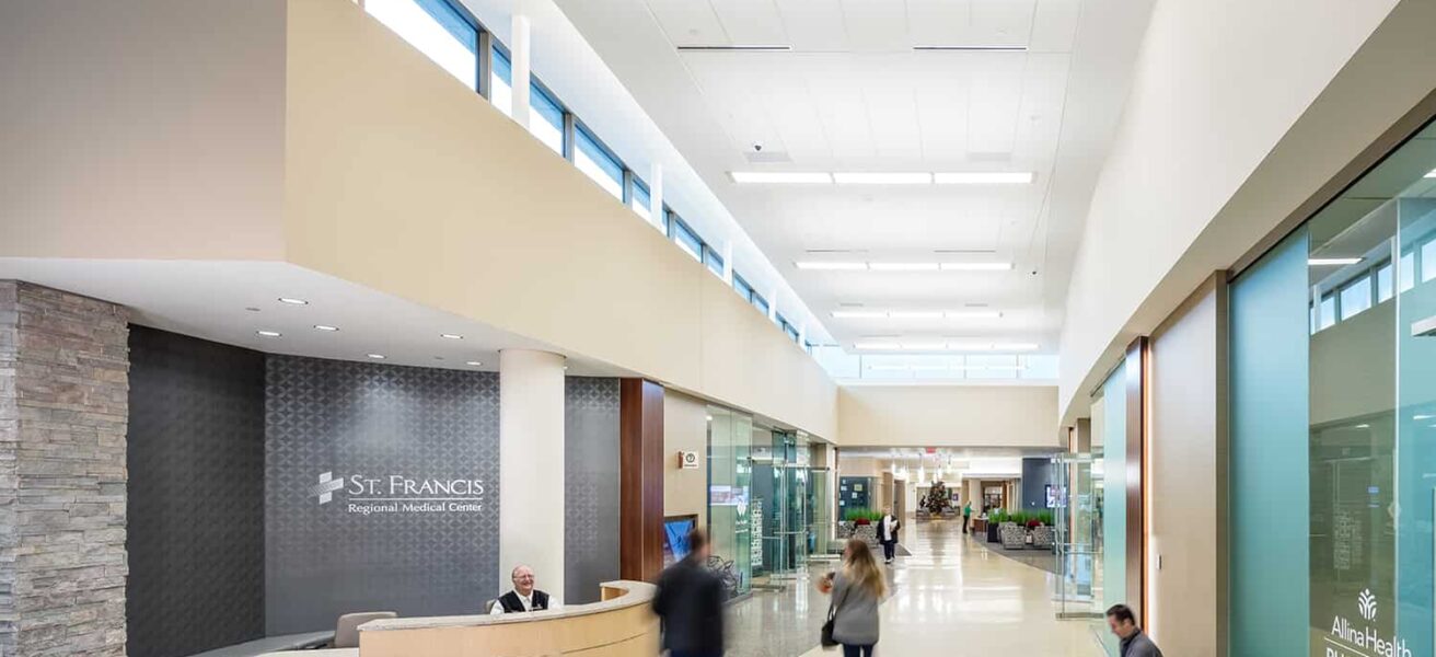 The main corridor of the new lobby, with a help desk and access to retail shops and the pharmacy.