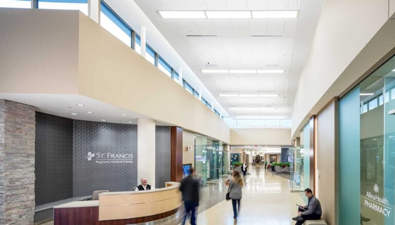 The main corridor of the new lobby, with a help desk and access to retail shops and the pharmacy.