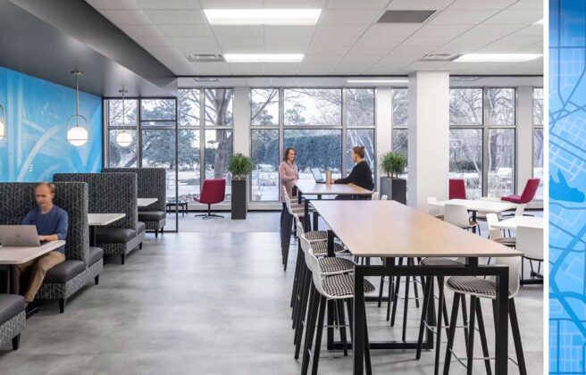 An open work cafe with flexible seating options and views to nature.