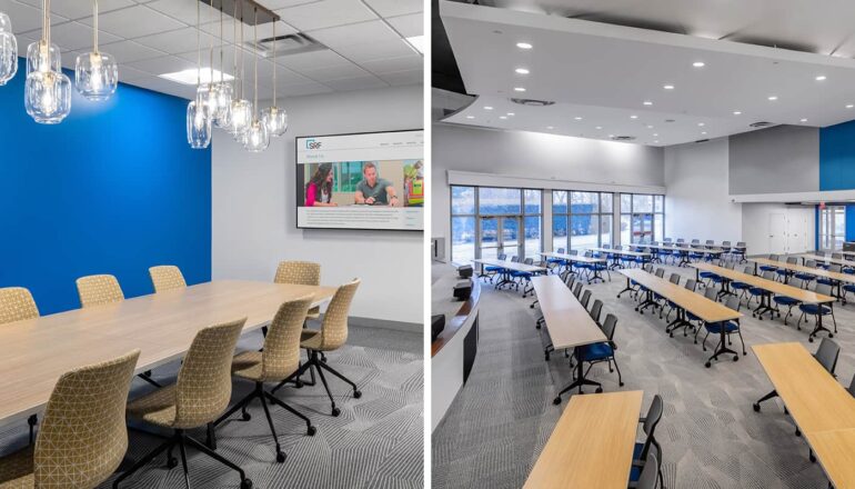 A conference room and a large event/training center with blue accent walls.