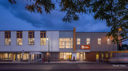 A street view at dusk of The Family Partnership's social services headquarters.