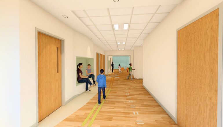Rendering of the child unit's corridor with games floor patterning.
