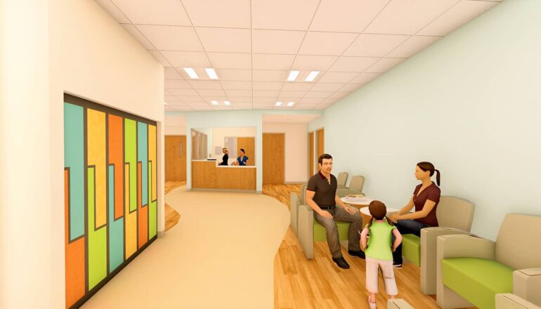 A rendering of the child and adolescent psychiatry unit lobby, lockers, and registration.