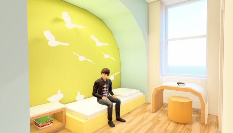 Rendering of an inpatient psychiatry room with bed, storage, desk, and wall graphics.