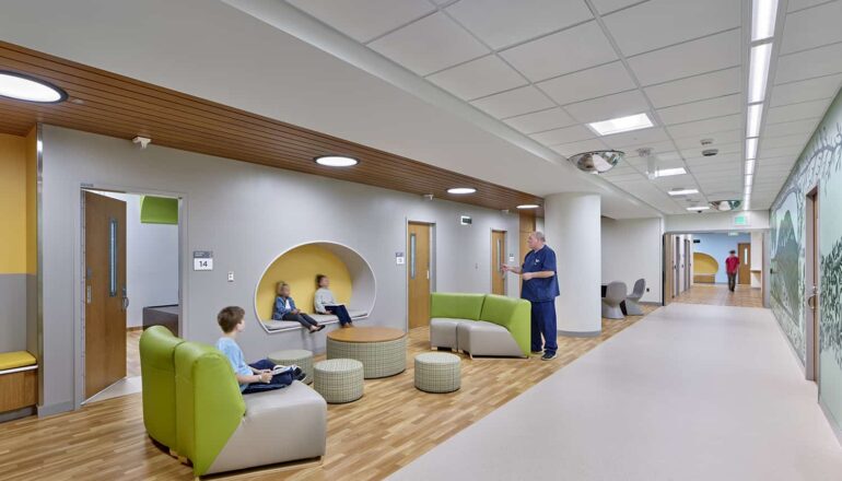 An alternate view of the patient front porch with access to patient rooms.