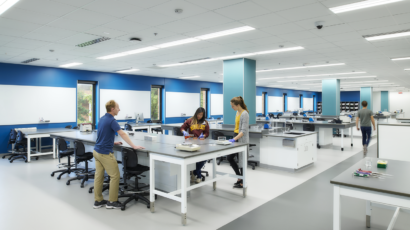 Students work in the Biological Sciences Active Learning Lab, complete with whiteboards, flexible lab stations, and views to the outdoors