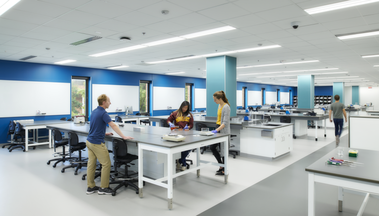 Students work in the Biological Sciences Active Learning Lab, complete with whiteboards, flexible lab stations, and views to the outdoors