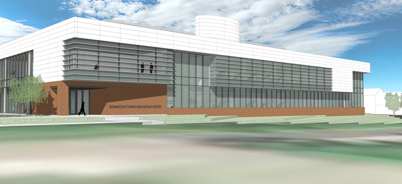 An exterior rendering of the new UMN Biomanufacturing Innovation Center.