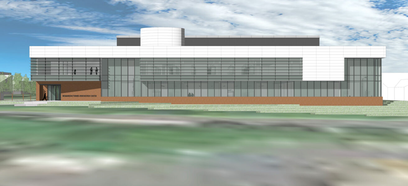 An exterior rendering of the new UMN Biomanufacturing Innovation Center.