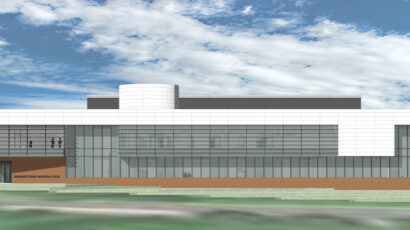 An exterior rendering of the new UMN Biomanufacturing Innovation Center.