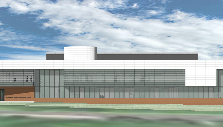 An exterior rendering of the new UMN Biomanufacturing Innovation Center.