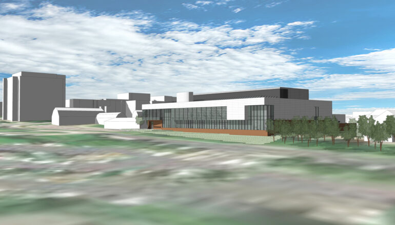 An exterior rendering of the new UMN Biomanufacturing Innovation Center.